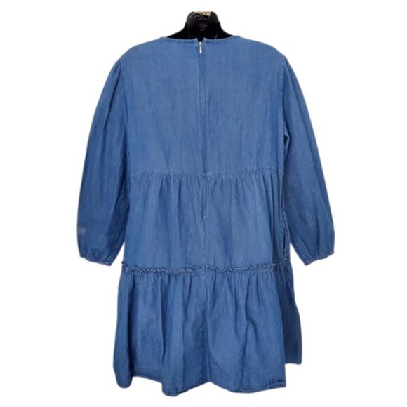 Draper James Chambray Tiered Long Sleeve Blue Shift Dress Mini Sz L Cottagecore - Picture 3 of 12
